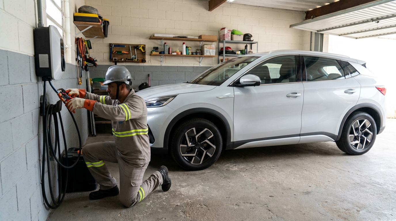 Eletricista instalando carregador de carro eletrico em Taubaté‑SP
