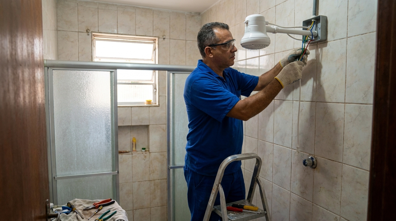 Eletricista instalando chuveiro eletrico em Taubaté‑SP
